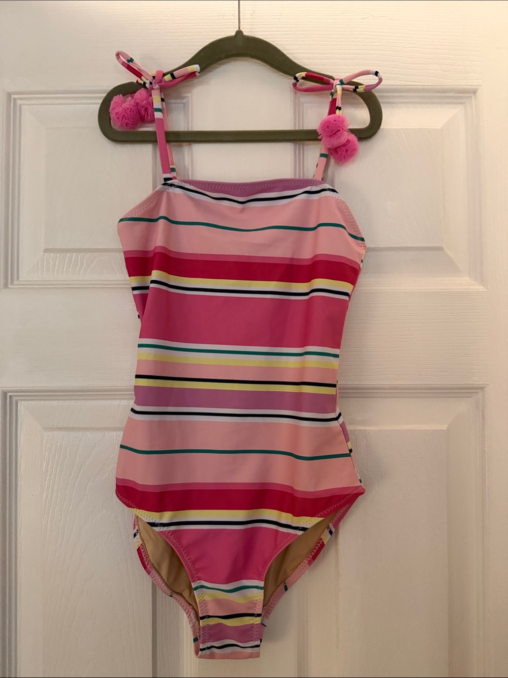 Shade critters Girls' Pink Striped One-Piece Swimsuit with Pom Tie Straps